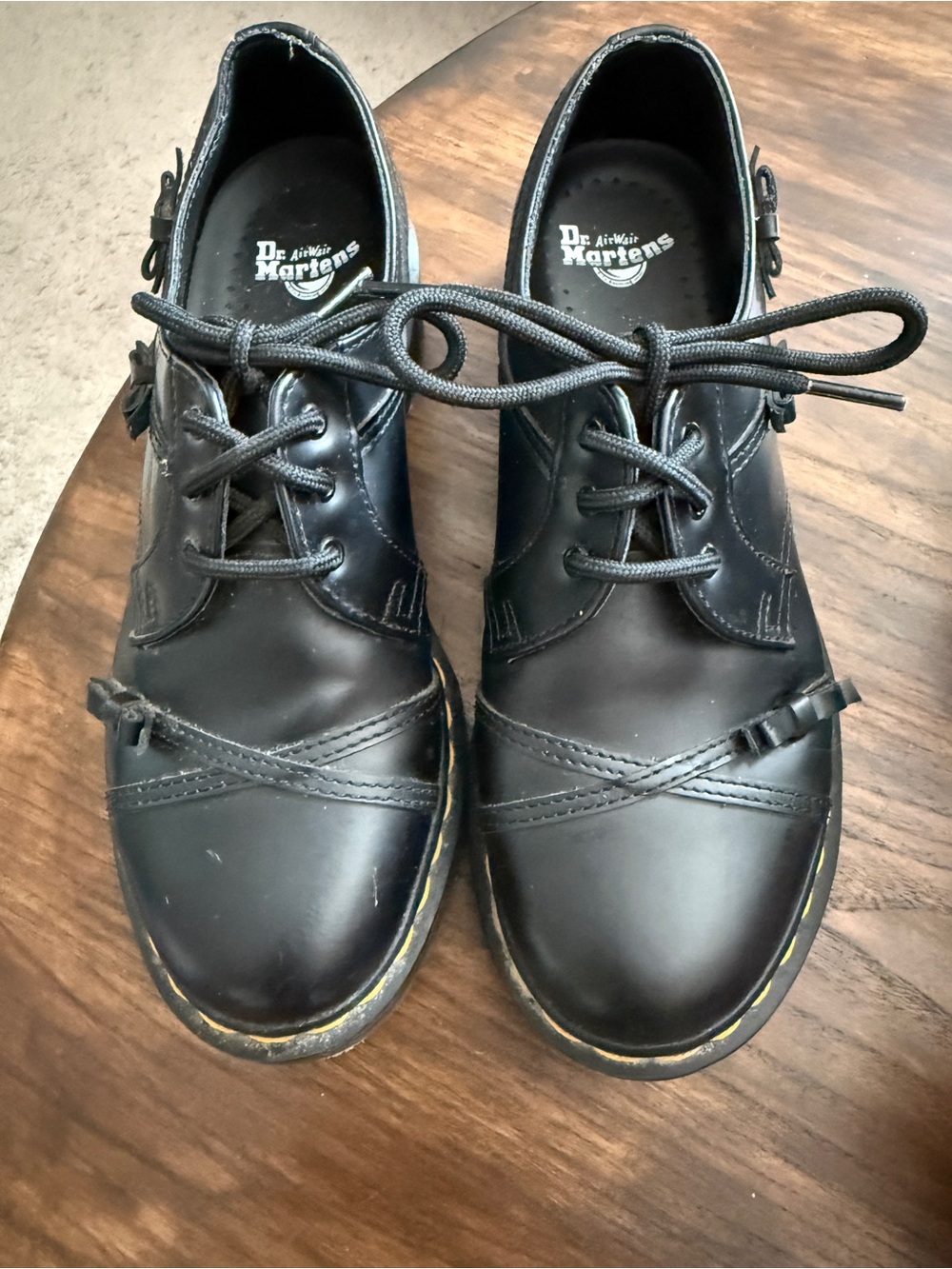 Dr. Martens Smooth Bow Black Lace-Up Oxfords with Yellow Welt Stitching
